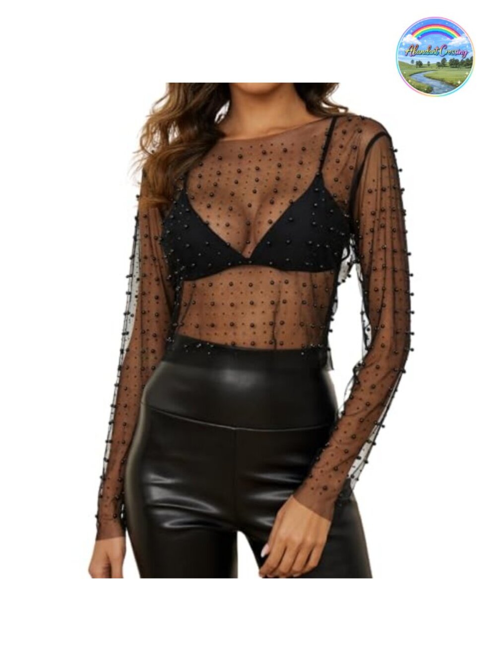 Pearl Rhinestone Sheer Mesh Crop Top Long Sleeve Slim Fit Clubwear